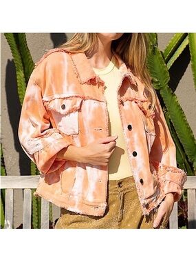 POL Peach Tie-Dye Frayed Jean Jacket NWOT